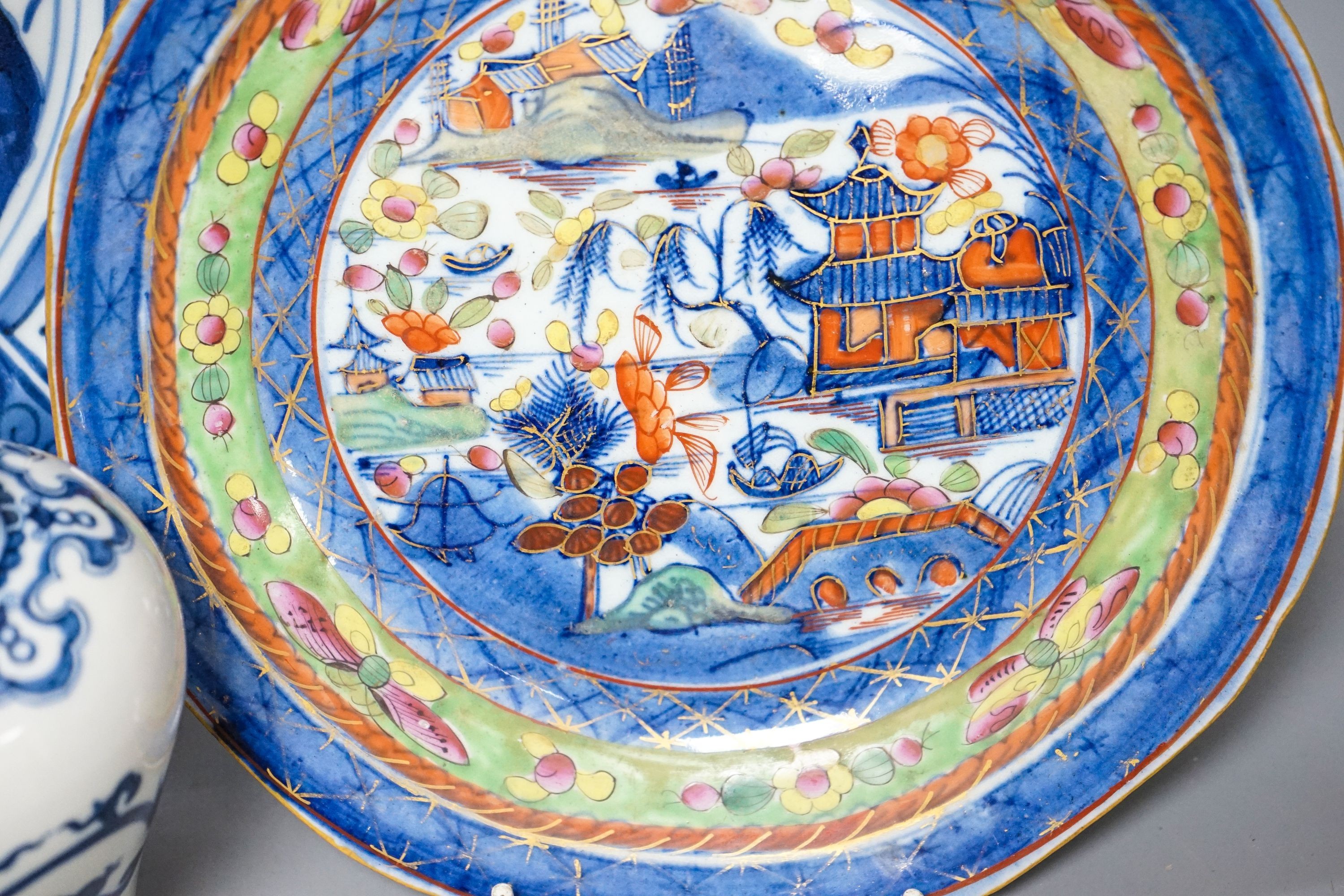 A Japanese blue and white dish, a Chinese blue and white meiping and a clobbered plate 33cm